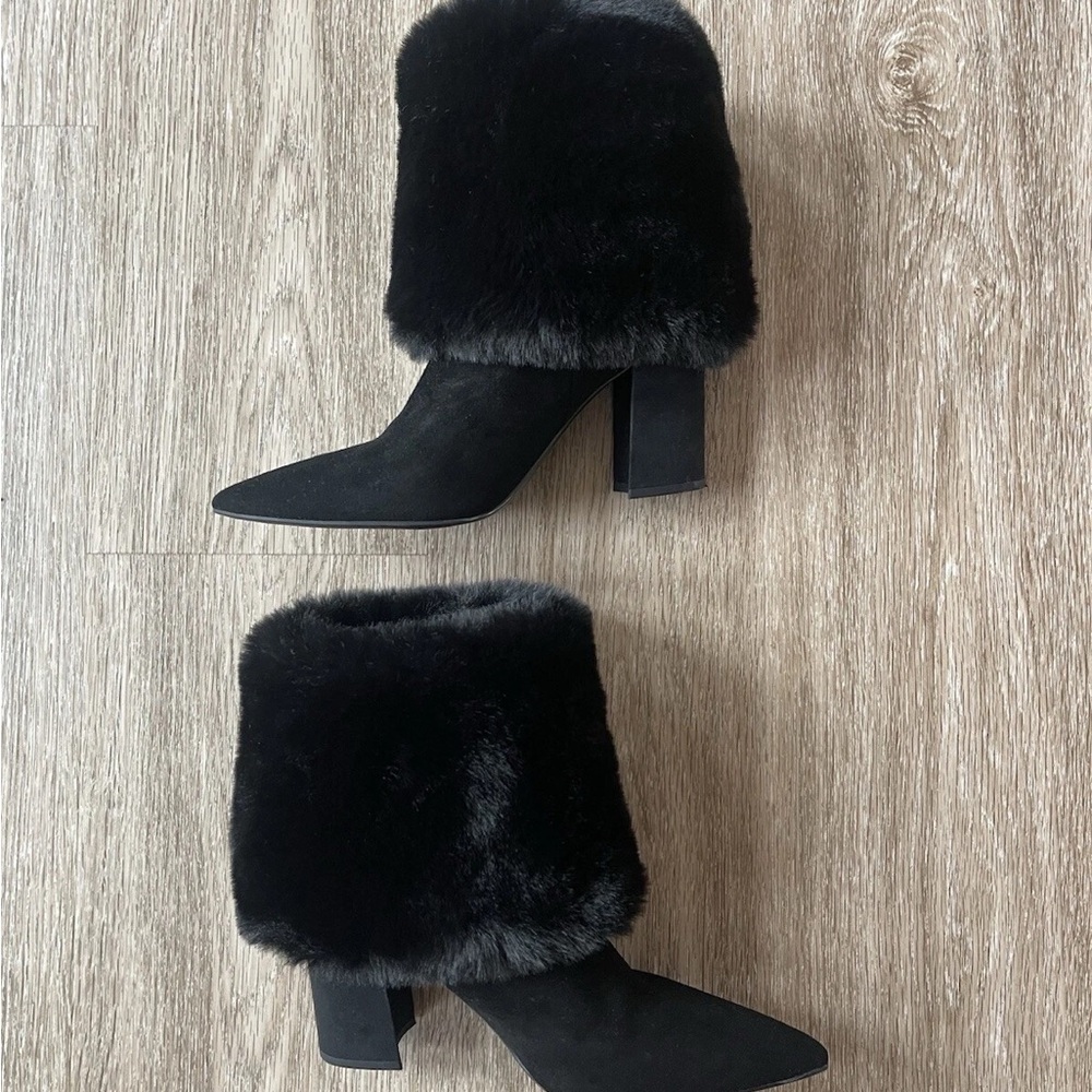 Nine West Black Faux Fur Cuff Pointed Toe Block Heel Ankle Boots - Picture 6 of 10